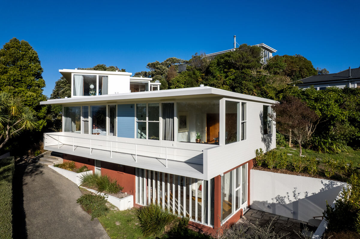 Aerial drone view of coastal property